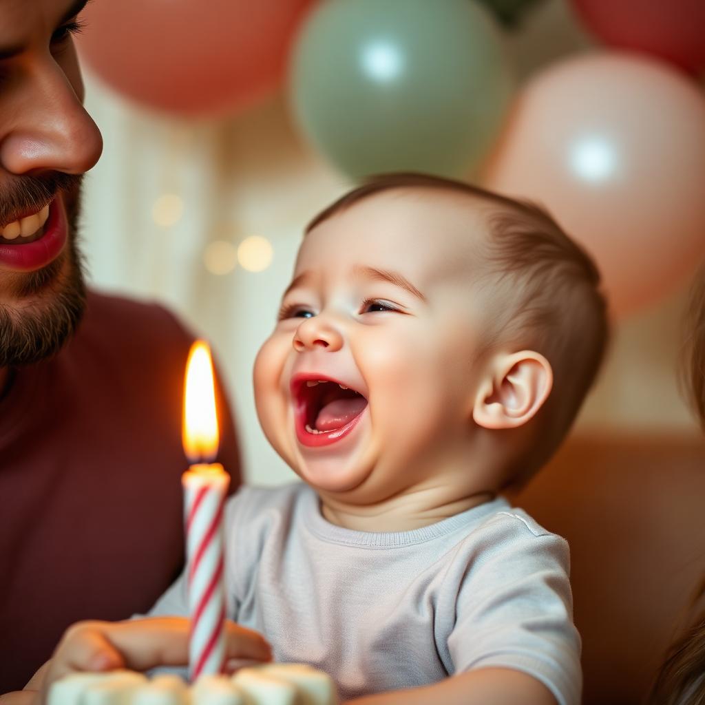 Bebê rindo ao soprar velinha do primeiro aniversário